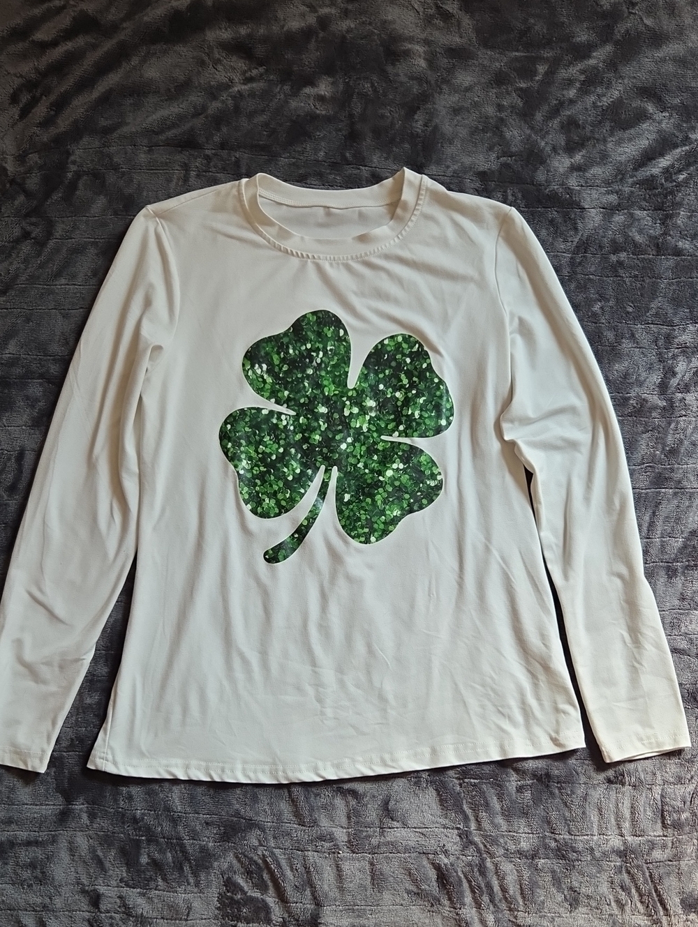 White Long-Sleeve Shirt with Green Clover Graphic